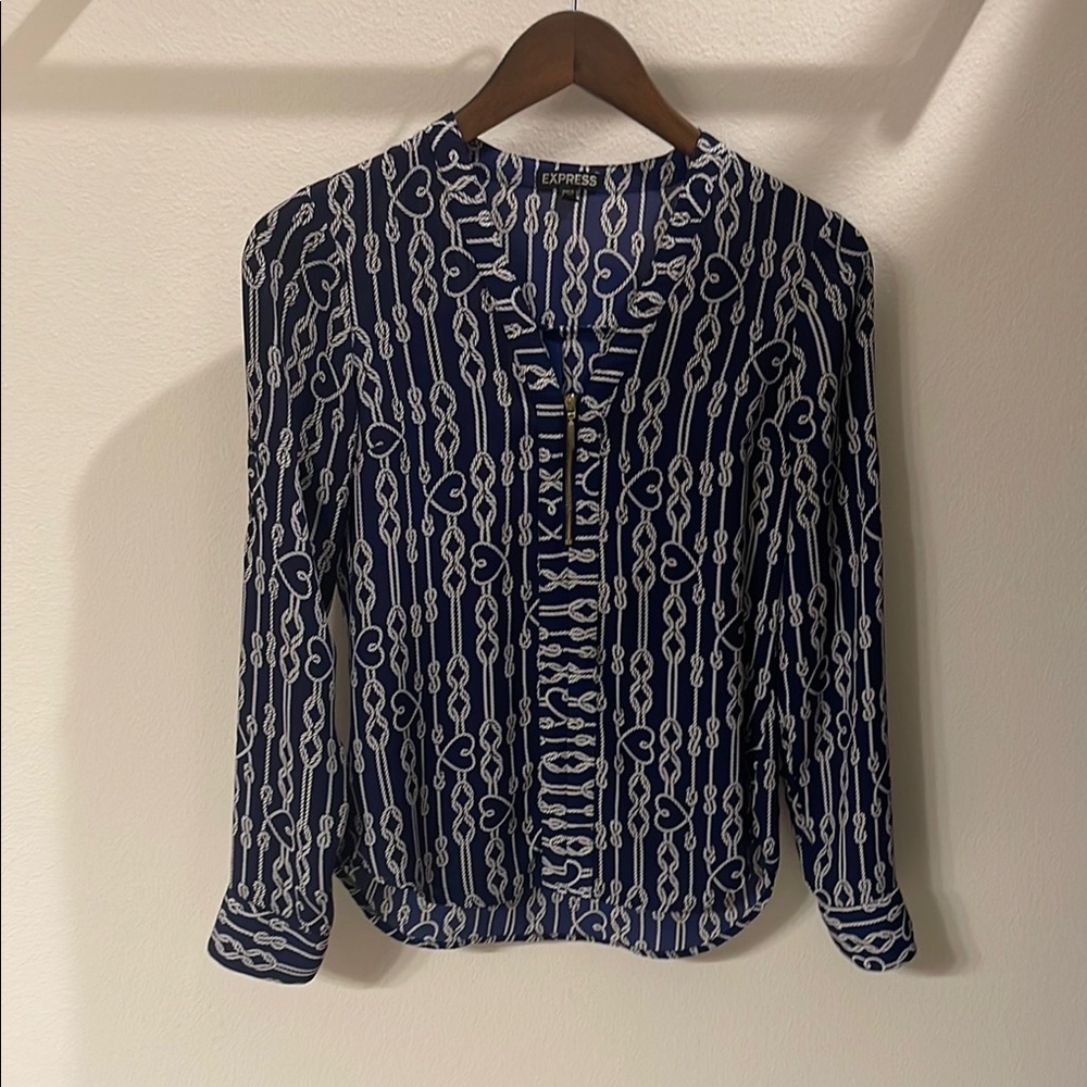 Express Blue and White Long Sleeve Blouse with Mandarin Collar